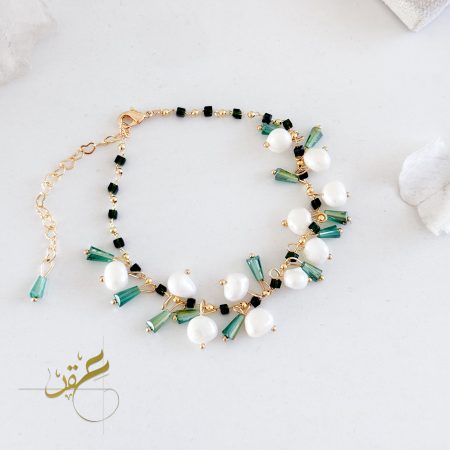 خلخال لولو طبيعي freshwater pearl مع احجار باللون الاخضر