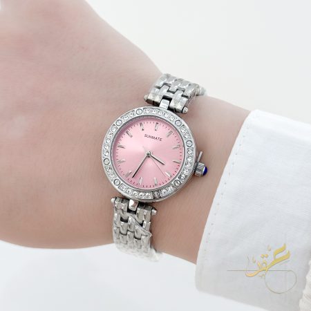 ساعة ستاتية ماركة Sunmate لون فضي مع مينا زهري