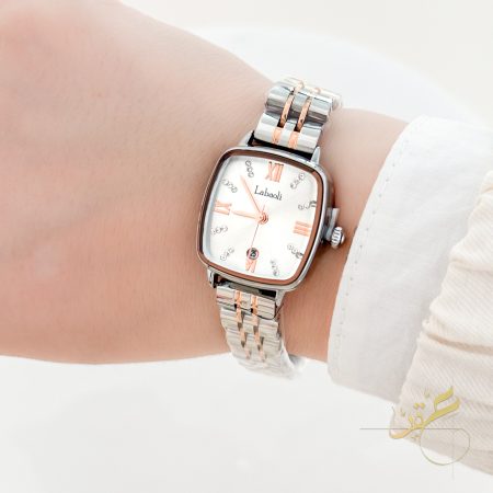 ساعة ستاتية ماركة Laboli شكل مستطيل مع كاسكيت لون فضي و روز جولد