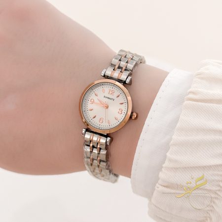 ساعة ستاتية ماركة Sunamte لون فضي مع روز جولد ومينا لون ابيض