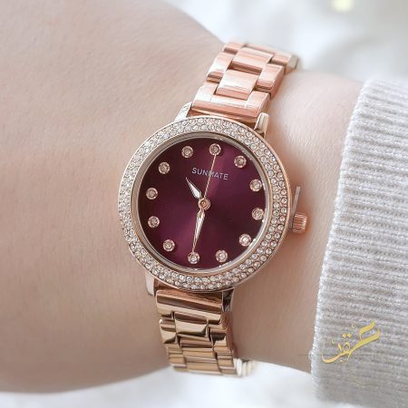 ساعة روز جولد ومينا محجرة مع لون بورجندي - ماركة Sunmate